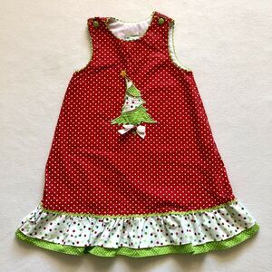 Candyland Girl Red Green Polka Dot Christmas Tree Applique Hand Smocked Dress 6